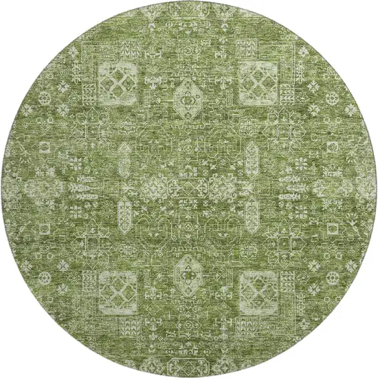 8' Artichoke Green And Ivory Floral Washable Round Rug With UV Protection Photo 1