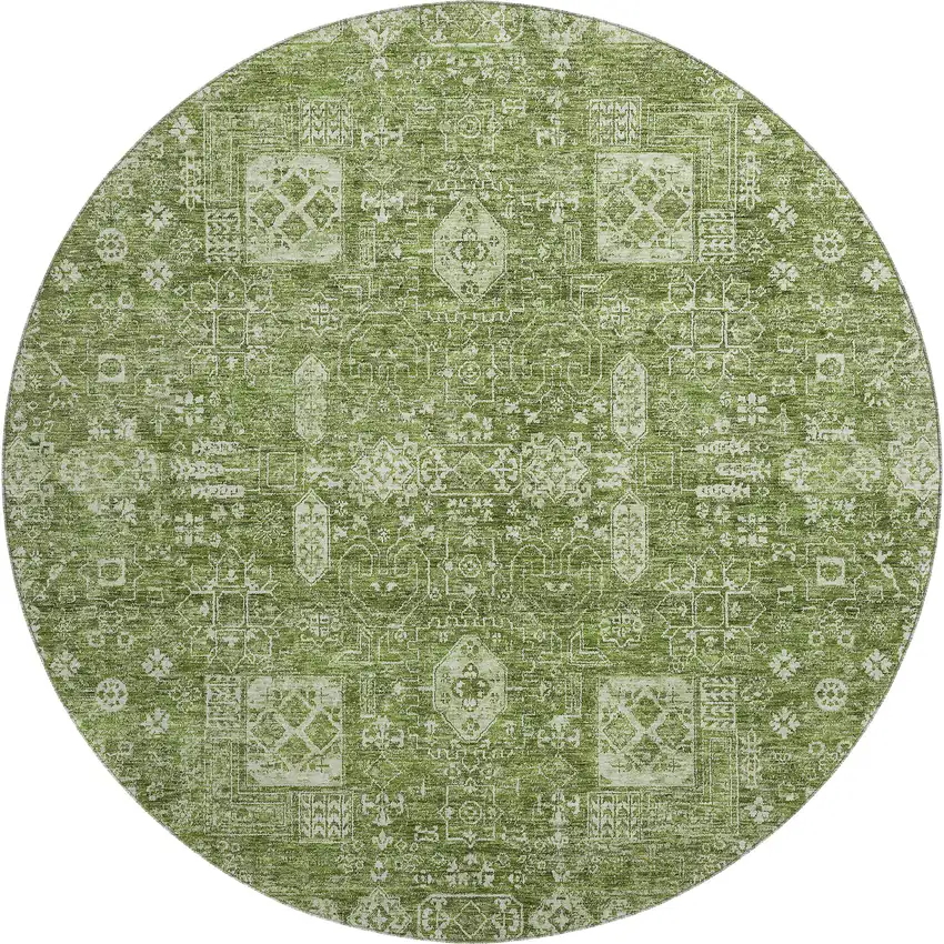 8' Artichoke Green And Ivory Floral Washable Round Rug With UV Protection Photo 1