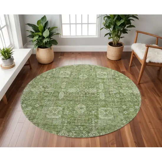 8' Artichoke Green And Ivory Floral Washable Round Rug With UV Protection Photo 2