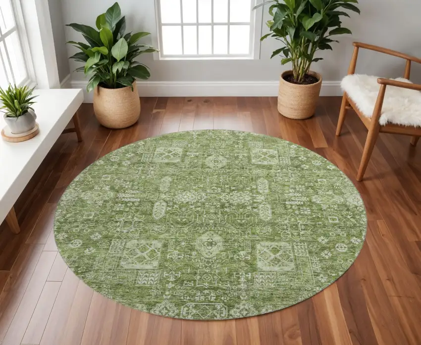 8' Artichoke Green And Ivory Floral Washable Round Rug With UV Protection Photo 2