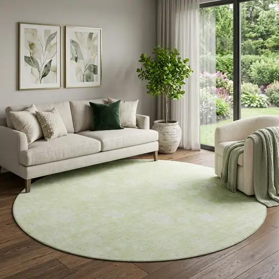 8' Artichoke Green And Ivory Floral Washable Round Rug With UV Protection Photo 1