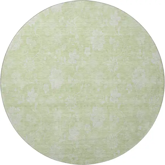 8' Artichoke Green And Ivory Floral Washable Round Rug With UV Protection Photo 4