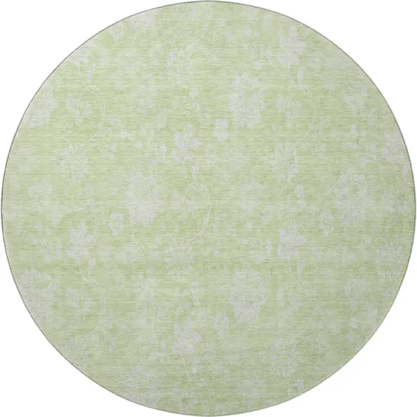 8' Artichoke Green And Ivory Floral Washable Round Rug With UV Protection Photo 4