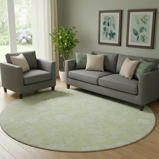 8' Artichoke Green And Ivory Floral Washable Round Rug With UV Protection Photo 1