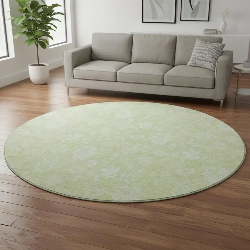 8' Artichoke Green And Ivory Floral Washable Round Rug With UV Protection Photo 2