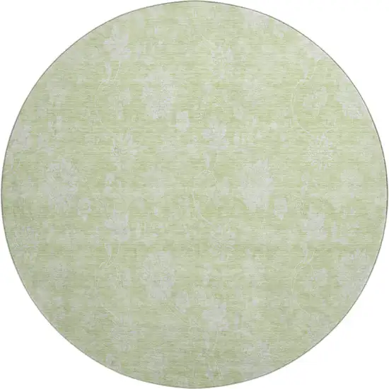 8' Artichoke Green And Ivory Floral Washable Round Rug With UV Protection Photo 1