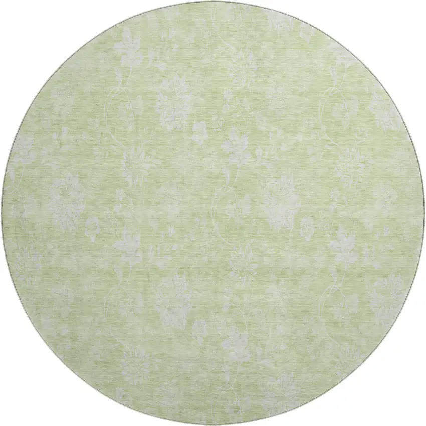 8' Artichoke Green And Ivory Floral Washable Round Rug With UV Protection Photo 1