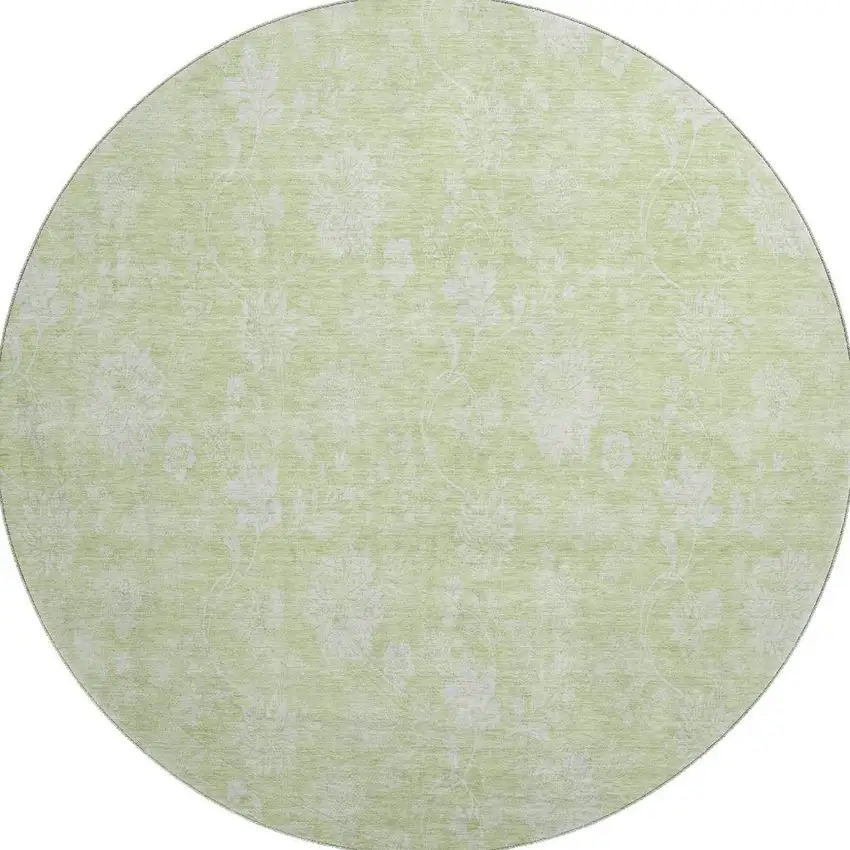 8' Artichoke Green And Ivory Floral Washable Round Rug With UV Protection Photo 3
