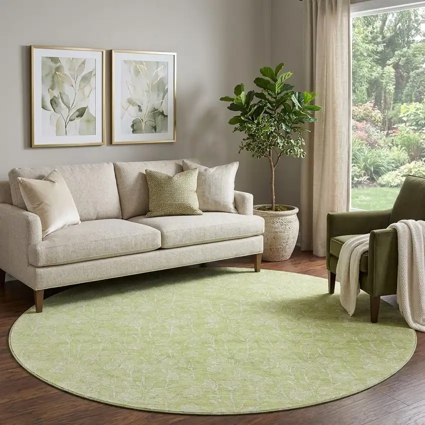 8' Artichoke Green And Ivory Floral Washable Round Rug With UV Protection Photo 1