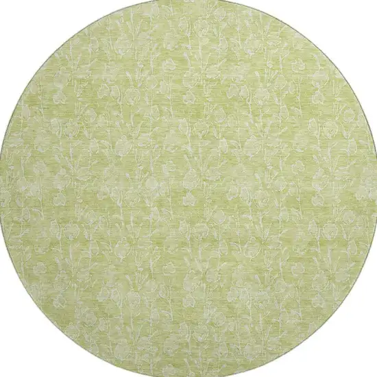 8' Artichoke Green And Ivory Floral Washable Round Rug With UV Protection Photo 3
