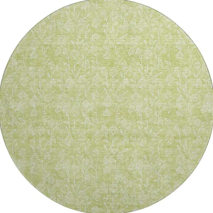 8' Artichoke Green And Ivory Floral Washable Round Rug With UV Protection Photo 3