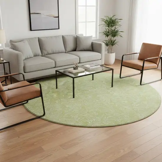 8' Artichoke Green And Ivory Floral Washable Round Rug With UV Protection Photo 2