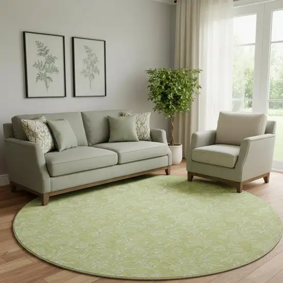 8' Artichoke Green And Ivory Floral Washable Round Rug With UV Protection Photo 1