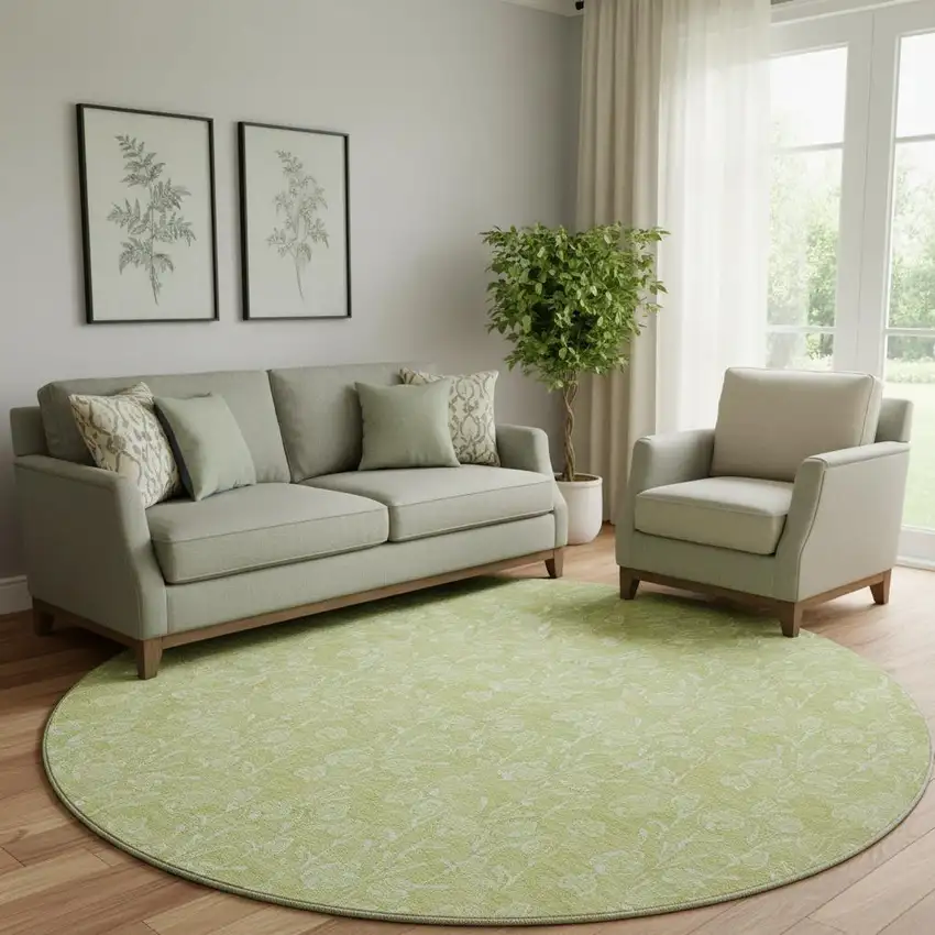 8' Artichoke Green And Ivory Floral Washable Round Rug With UV Protection Photo 1