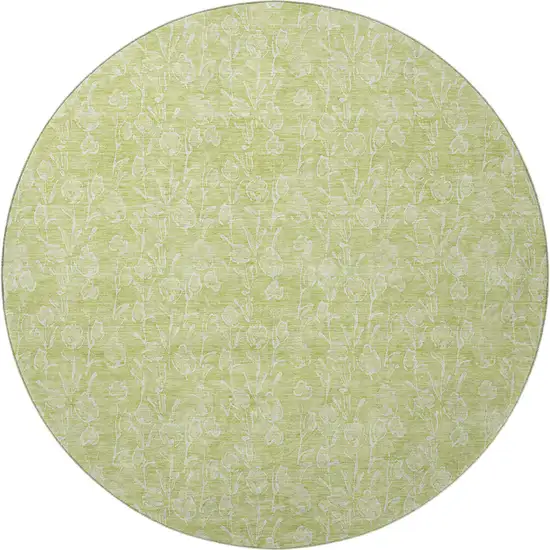 8' Artichoke Green And Ivory Floral Washable Round Rug With UV Protection Photo 4