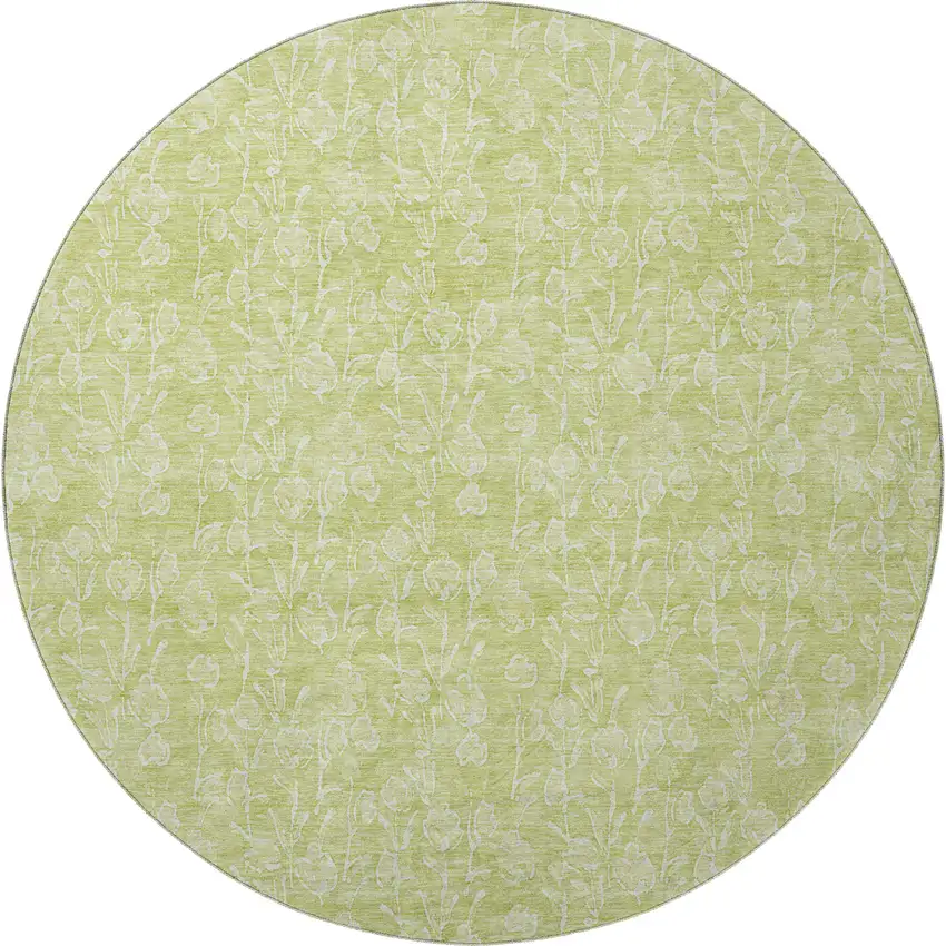 8' Artichoke Green And Ivory Floral Washable Round Rug With UV Protection Photo 4