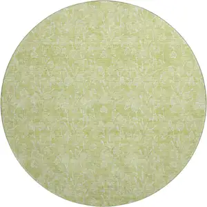 Photo of 8' Artichoke Green And Ivory Floral Washable Round Rug With UV Protection