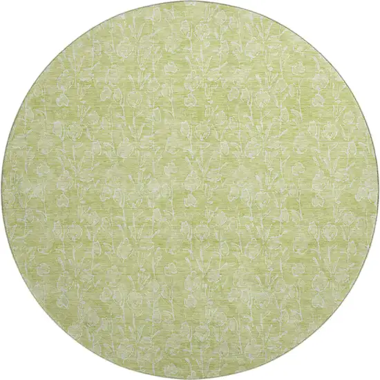 8' Artichoke Green And Ivory Floral Washable Round Rug With UV Protection Photo 1