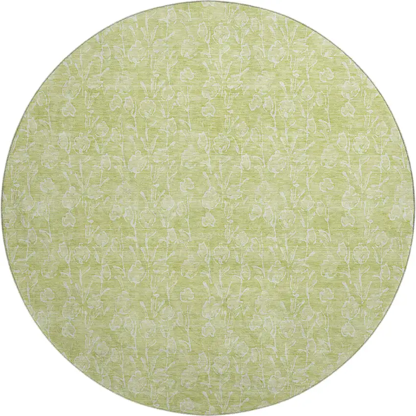 8' Artichoke Green And Ivory Floral Washable Round Rug With UV Protection Photo 1
