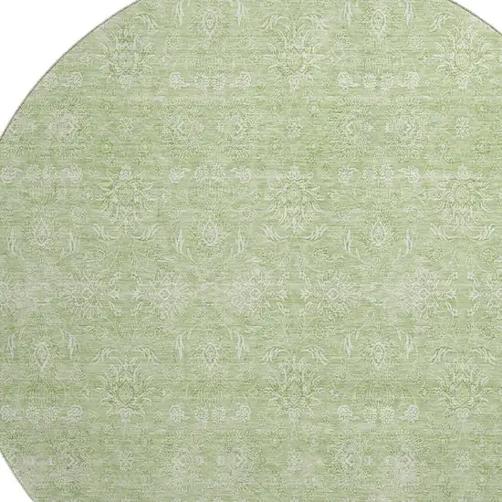 8' Artichoke Green And Ivory Floral Washable Round Rug With UV Protection Photo 4