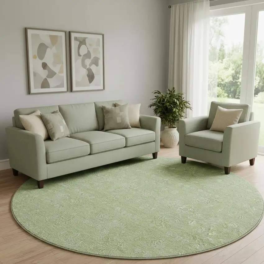 8' Artichoke Green And Ivory Floral Washable Round Rug With UV Protection Photo 1