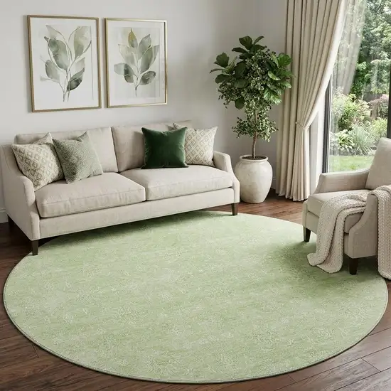 8' Artichoke Green And Ivory Floral Washable Round Rug With UV Protection Photo 1