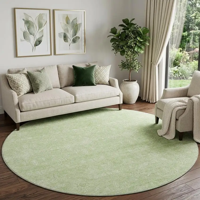 8' Artichoke Green And Ivory Floral Washable Round Rug With UV Protection Photo 1