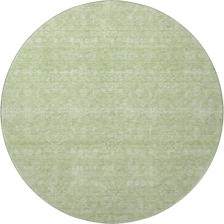 8' Artichoke Green And Ivory Floral Washable Round Rug With UV Protection Photo 3