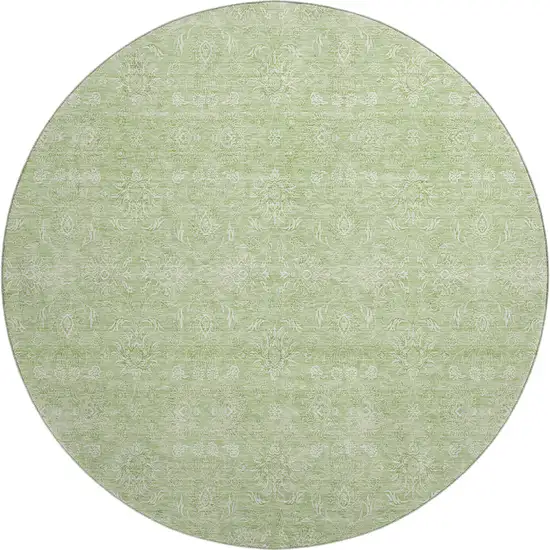 8' Artichoke Green And Ivory Floral Washable Round Rug With UV Protection Photo 1