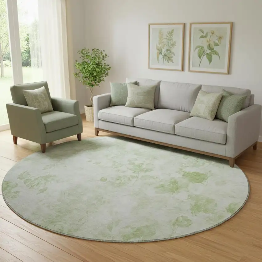 8' Artichoke Green And Ivory Floral Washable Round Rug With UV Protection Photo 1