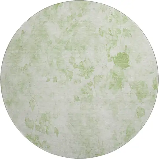 8' Artichoke Green And Ivory Floral Washable Round Rug With UV Protection Photo 1