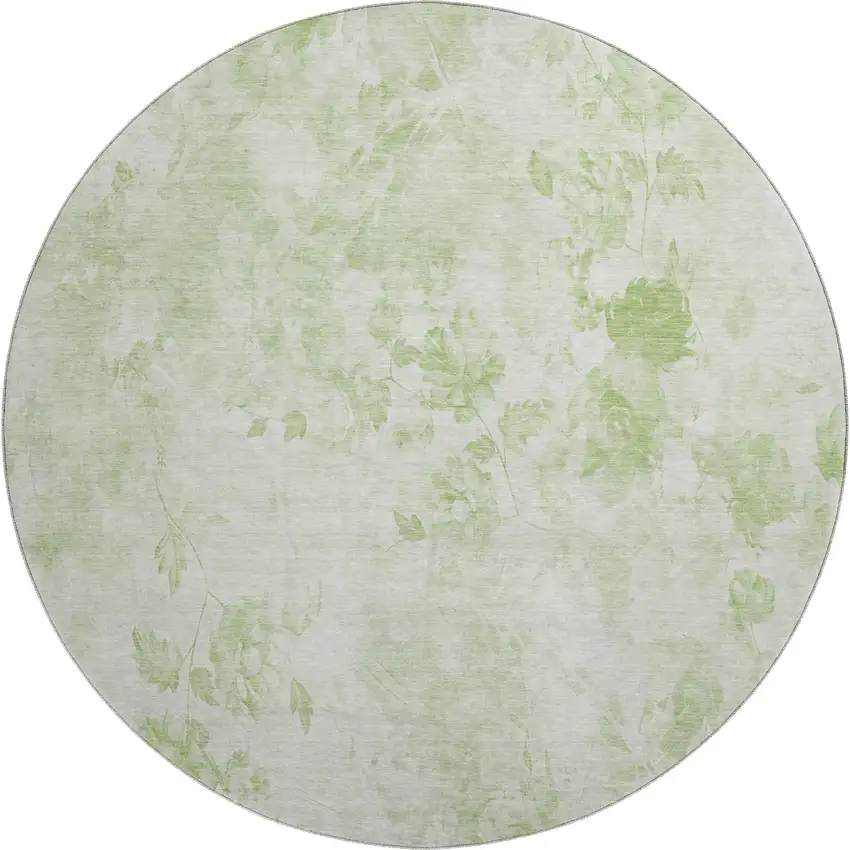 8' Artichoke Green And Ivory Floral Washable Round Rug With UV Protection Photo 1
