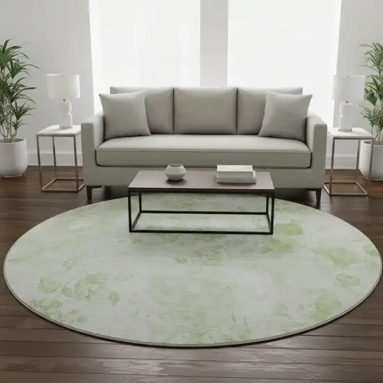 8' Artichoke Green And Ivory Floral Washable Round Rug With UV Protection Photo 2