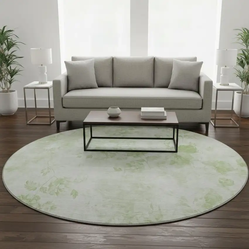 8' Artichoke Green And Ivory Floral Washable Round Rug With UV Protection Photo 2