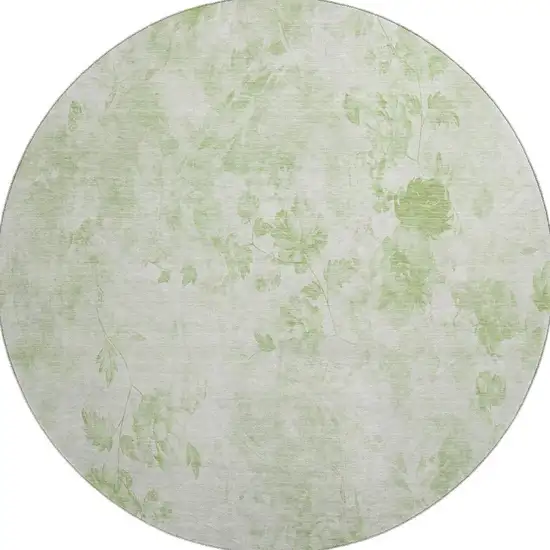 8' Artichoke Green And Ivory Floral Washable Round Rug With UV Protection Photo 3