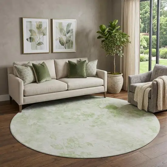 8' Artichoke Green And Ivory Floral Washable Round Rug With UV Protection Photo 1
