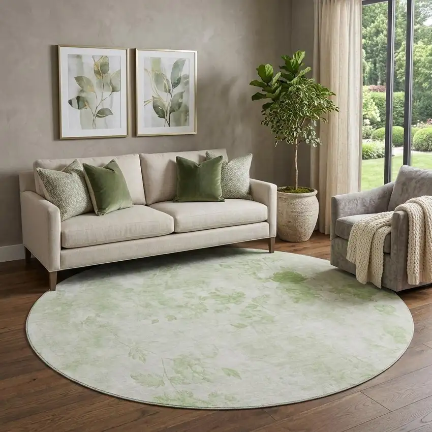 8' Artichoke Green And Ivory Floral Washable Round Rug With UV Protection Photo 1