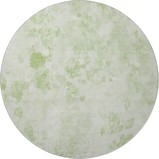 8' Artichoke Green And Ivory Floral Washable Round Rug With UV Protection Photo 4
