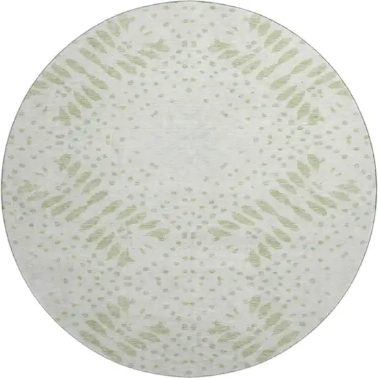 8' Artichoke Green And Ivory Floral Washable Round Rug With UV Protection Photo 1