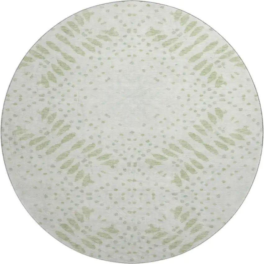 8' Artichoke Green And Ivory Floral Washable Round Rug With UV Protection Photo 1