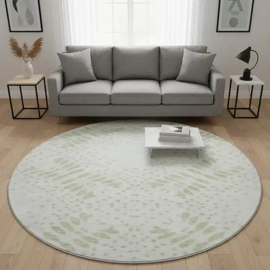 8' Artichoke Green And Ivory Floral Washable Round Rug With UV Protection Photo 2