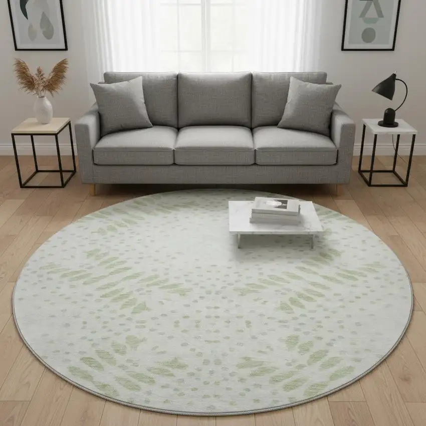 8' Artichoke Green And Ivory Floral Washable Round Rug With UV Protection Photo 2