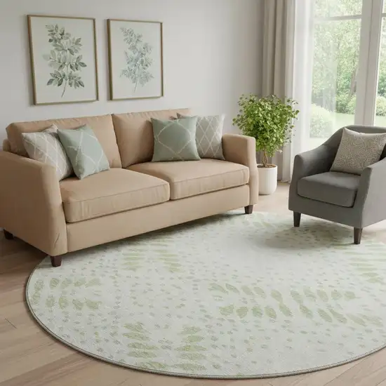 8' Artichoke Green And Ivory Floral Washable Round Rug With UV Protection Photo 1