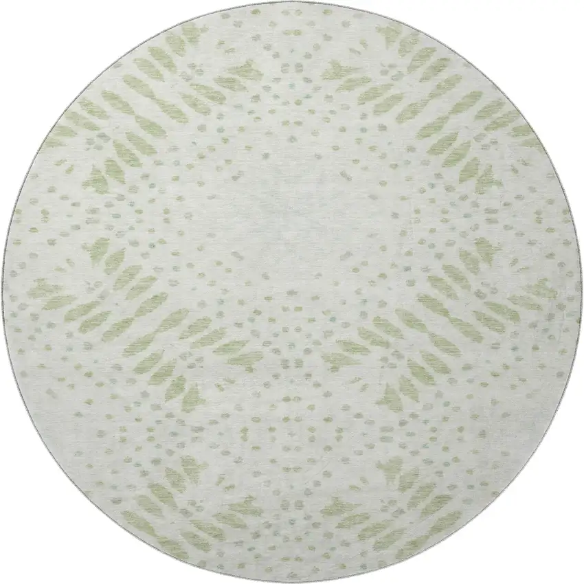 8' Artichoke Green And Ivory Floral Washable Round Rug With UV Protection Photo 3