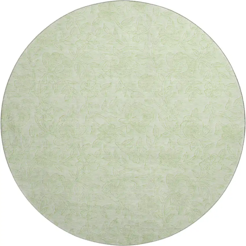 8' Artichoke Green And Ivory Floral Washable Round Rug With UV Protection Photo 1