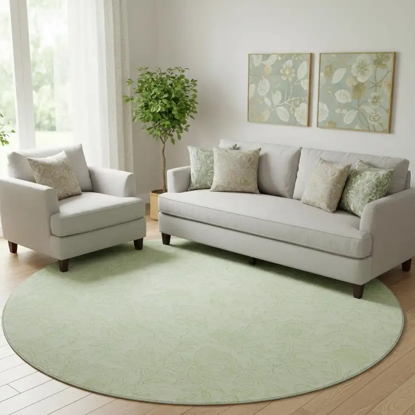 8' Artichoke Green And Ivory Floral Washable Round Rug With UV Protection Photo 1