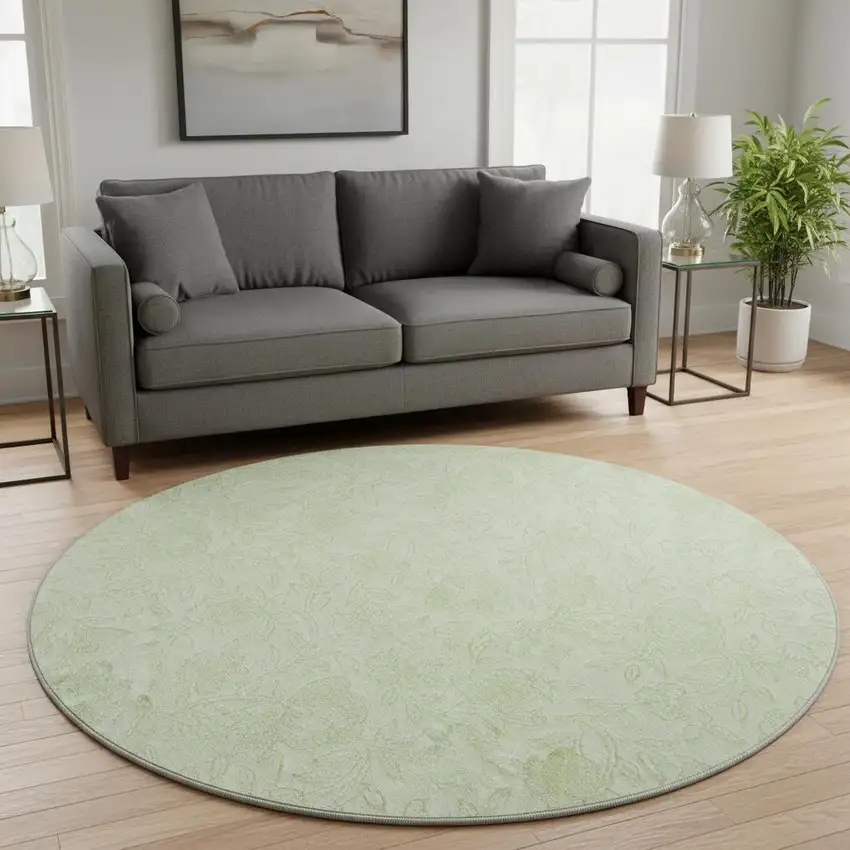 8' Artichoke Green And Ivory Floral Washable Round Rug With UV Protection Photo 2