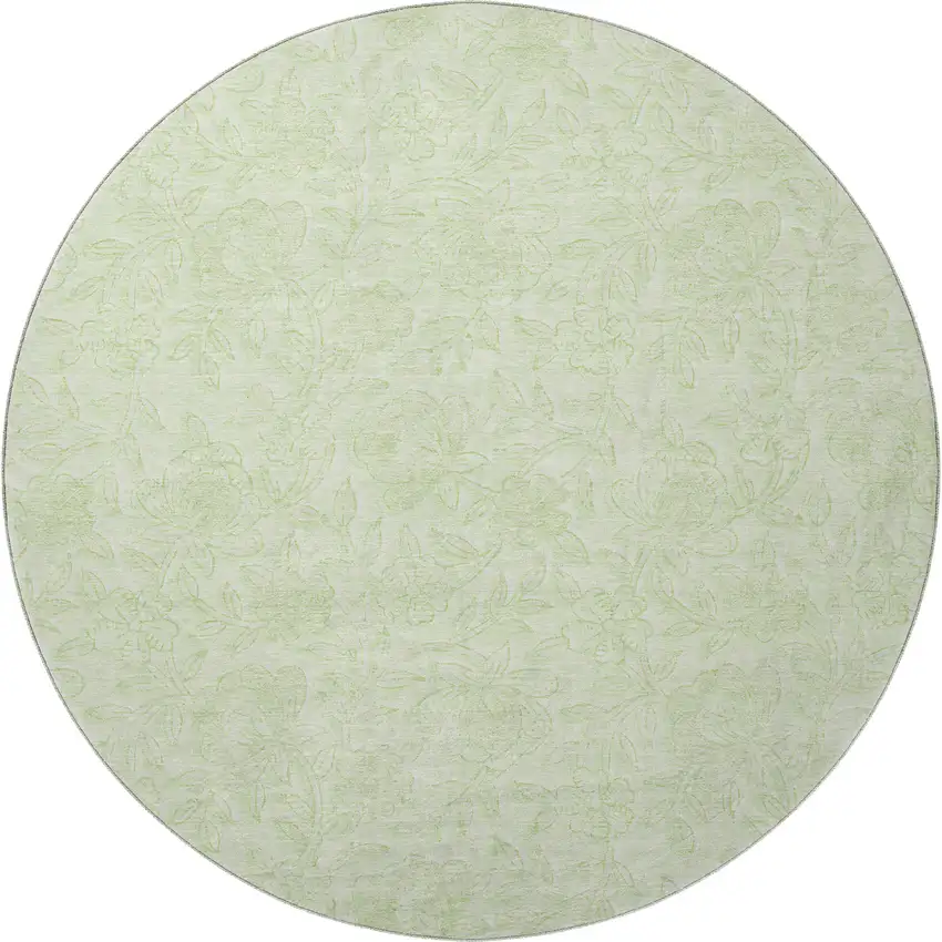 8' Artichoke Green And Ivory Floral Washable Round Rug With UV Protection Photo 3