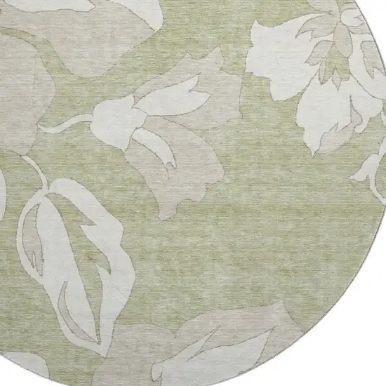 8' Artichoke Green And Ivory Floral Washable Round Rug With UV Protection Photo 3
