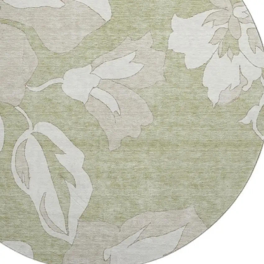 8' Artichoke Green And Ivory Floral Washable Round Rug With UV Protection Photo 3